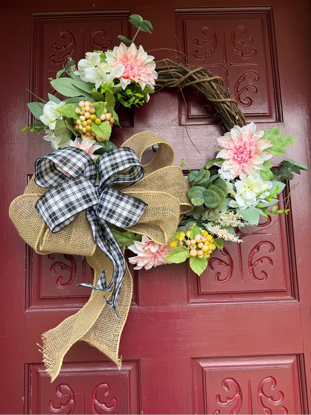 Spring Pink Floral Grapevine Wreath with Burlap and Plaid Bow